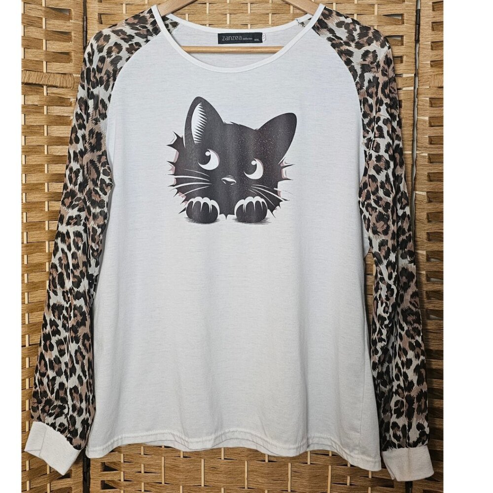 Upcycled Black Cat Halloween Long Sleeve Top Size 2X